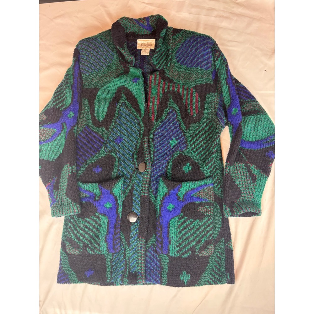 Vintage Neiman Marcus Mohair Blend Cardigan Abstract Geometric Green Blue M